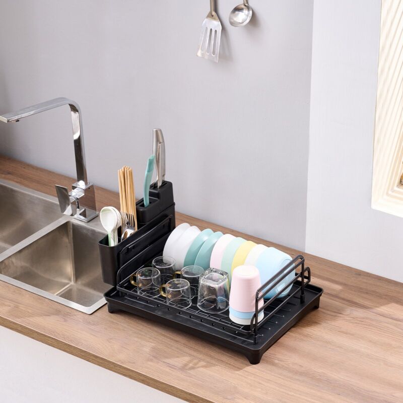 Egoutoire Vaisselle Cuisine, Égouttoir Vaisselle avec Plaque de Drainage,Accessoire Cuisine Facile à Nettoyer,Séchoir à Vaisselle Rangement--Noir