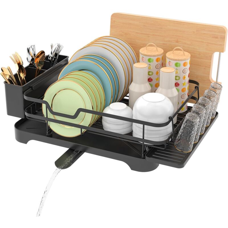 Tuserxln - Egoutoire Vaisselle Cuisine,Égouttoir Vaisselle en Acier Inoxydable avec Porte-Gobelets et Porte-Ustensiles,avec Vidange Automatique