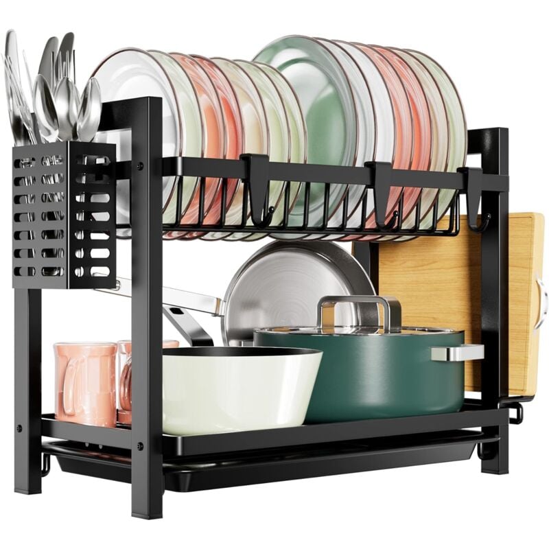 Egoutoire Vaisselle Cuisine Noir à 2 Niveaux en (43.5 24.5 34.5) INOX avec Porte-ustensiles et bac d'égouttement