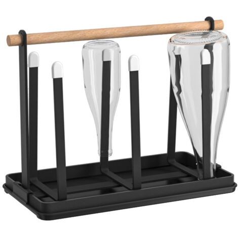 Égouttoir à bouteilles et porte-gobelets (noir) pour le rangement de la cuisine, ensemble de 6 pièces en métal pour bouteilles de cuisine.