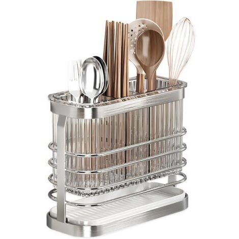 Égouttoir à couverts, porte-ustensiles de cuisine, panier à couverts à trois compartiments en acier inoxydable avec égouttoir, fixation murale amovible, argent