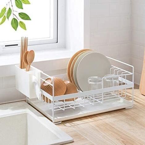 Égouttoir à ustensiles de cuisine avec bac de récupération et support élégant et multifonctionnel pour plan de travail, à un seul niveau, blanc.