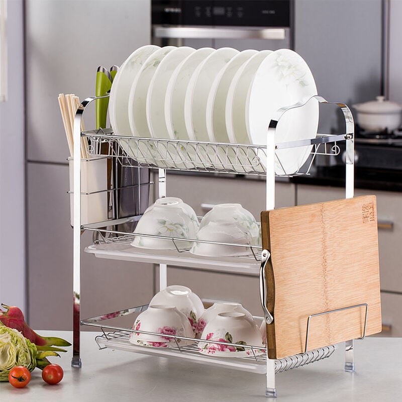 Gouttoir Vaisselle Cuisine à 3 Niveaux avec bac Récupération Amovible et Porte-Couverts Argent brillant