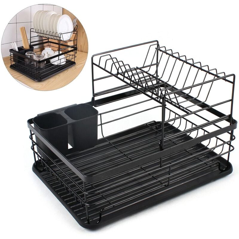 Égouttoir à vaisselle à 2 étages - Égouttoir à vaisselle avec panier à couverts et bac d'égouttement pour la cuisine - Noir - 43 x 32 x 14 cm