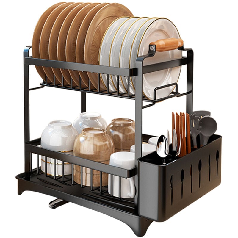 Gouttoir à Vaisselle à 2 Niveaux, Égouttoir Couverts avec Drainage, Egouttoir Vaisselle Acier au Carbone avec 2 Poignées et Porte-ustensiles en