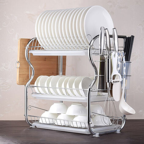 Égouttoir à Vaisselle à 3 Niveaux Fournitures de Cuisine Support de Rangement Égouttoir avec Baguettes / Porte-gobelet / Support de Planche à Découper Option 1