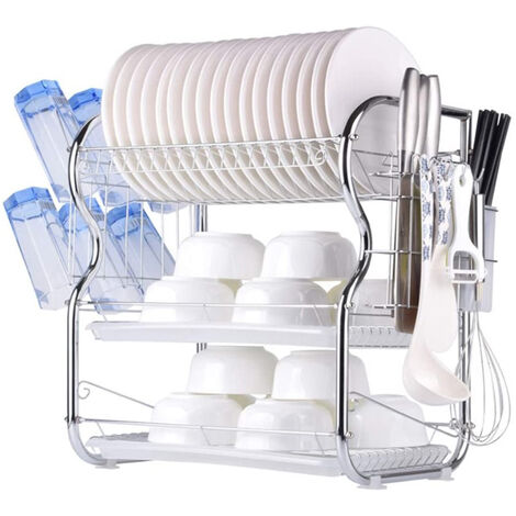 Égouttoir à vaisselle Acier inoxydable trois couches avec deux assiettes Égouttoir à vaisselle de cuisine (porte-baguettes + porte-gobelet) 42×25×43 5 cm