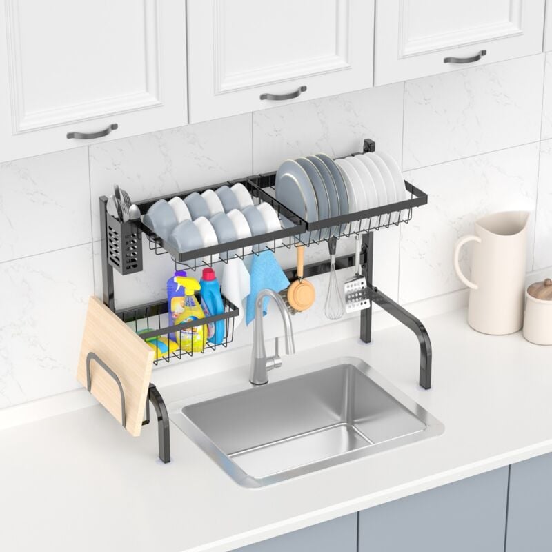 Gouttoir à Vaisselle au-dessus de l'Évier avec 4 Paniers et 8 Crochets Planche à Découper et Porte-ustensiles et Porte-couteaux CW2034 design in