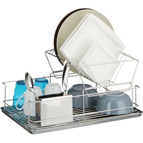 Egouttoir à vaisselle avec porte couverts en inox cuisine récupérateur eau HxlxP: 23,5 x 48 x 32 cm, argenté