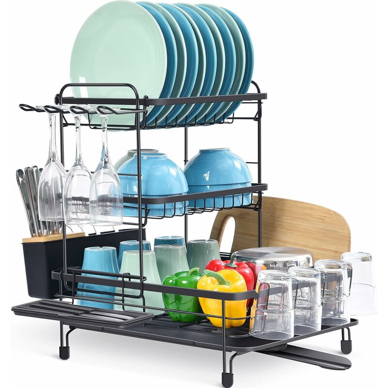 Gouttoir à Vaisselle, Égouttoirs Pliable à 3 étages, Support de séchage à Vaisselle en métal avec Bec pivotant à 270°, Porte-ustensile, Egouttoir