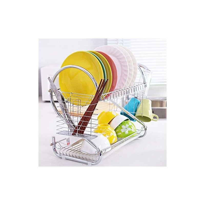 Gouttoir à Vaisselle à 2 Étages en Metal avec Porte-Baguettes, Porte Gobelet ou Support De Planche à Découper, Plateau d'égouttage, Type 1