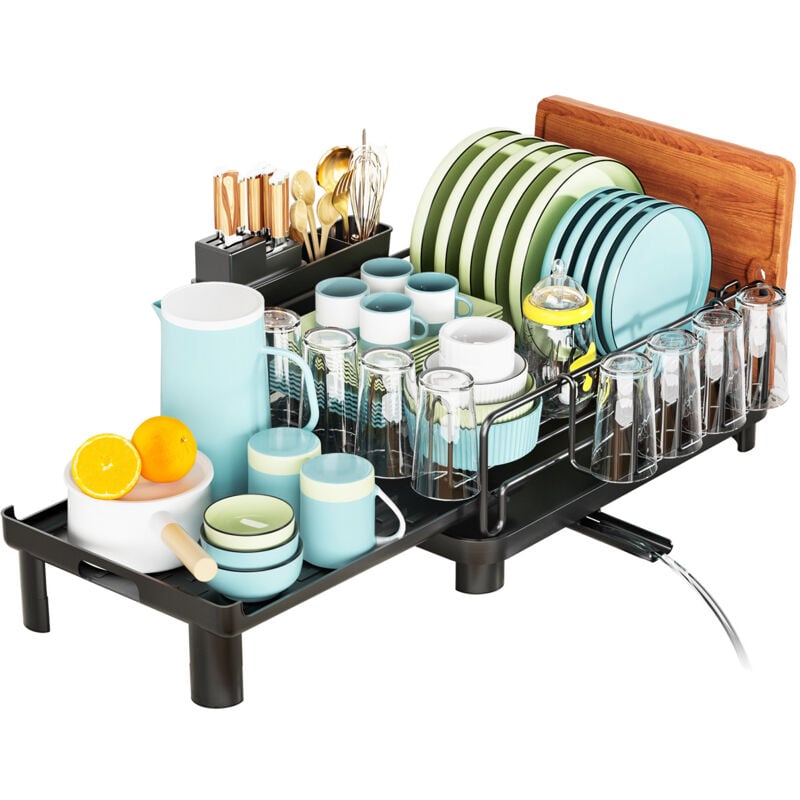 Gouttoir à Vaisselle en Acier Inoxydable Extensible avec Porte-Couverts et Porte-Verre Amovible, séchoir à Vaisselle réglable avec Bec Rotatif à 360°