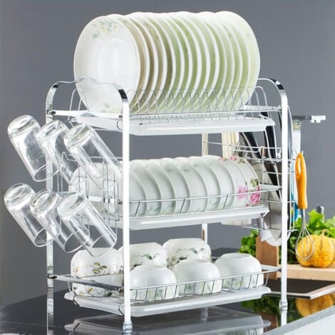 Égouttoir à vaisselle métal rack 3 niveaux cuisine couverts tasse assiettes support évier égouttoir plateau