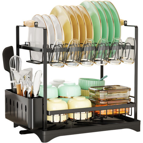 Égouttoir à vaisselle noir double couche 46,8 x 26,7 x 42 cm, support de rangement multifonction avec porte-gobelet et cage à baguettes, 1 pièce