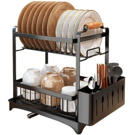 Égouttoir à vaisselle noir double couche avec cage à baguettes 36 x 24,5 x 37,5 cm, support de rangement multifonctionnel, 1 pièce