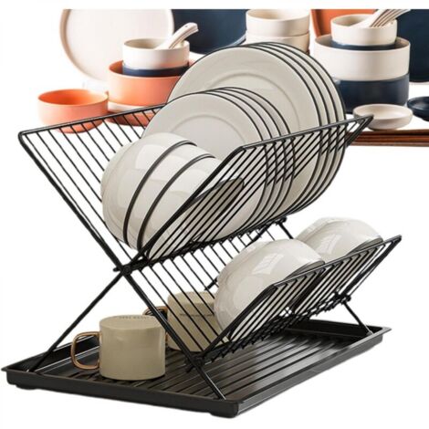 Égouttoir à vaisselle pliable – Bac récupérateur d'eau amovible – Égouttoir de cuisine pliable pour couverts, assiettes et plats, égouttoir à vaisselle à 2 niveaux pour le comptoir de cuisine