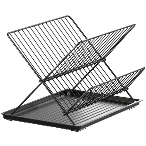 Égouttoir à vaisselle pliable en acier carbone/inox, 2 niveaux, plateau d'eau amovible, pour couverts, assiettes, tasses
