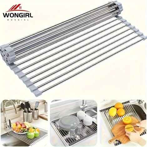 Égouttoir à vaisselle pliable en acier inoxydable, égouttoir gain de place à poser sur l'évier, organisateur d'évier portable et antirouille gris