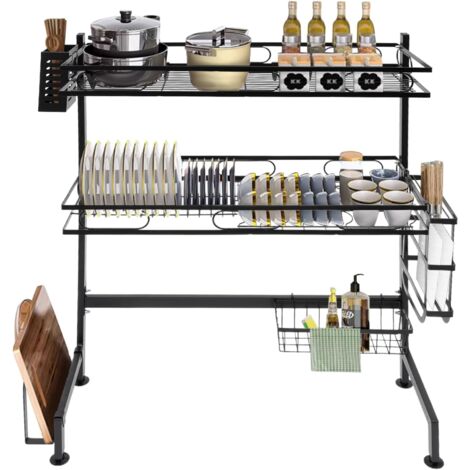 Égouttoir à vaisselle sur évier, 2 niveaux en acier inoxydable, Grand égouttoir de cuisine, Étagère de Cuisine Avec porte-ustensiles, support de planche à découper, bloc à couteaux, Noir (62 cm)