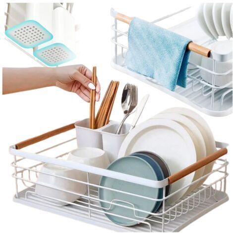 Égouttoir à vaisselle sur pied blanc pour évier, assiettes et couverts, avec plateau amovible, métal et plastique