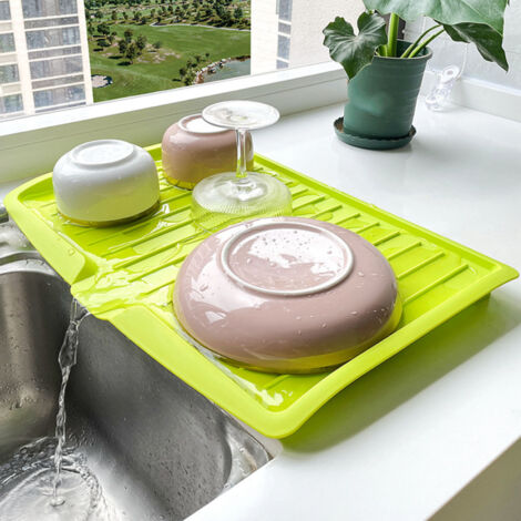 Égouttoir de Cuisine Rectangulaire en Plastique Vert - Égouttoir Multifunction avec Bordure Large pour Vaisselle, Fruits et Legumes, Design Minimaliste, 350g
