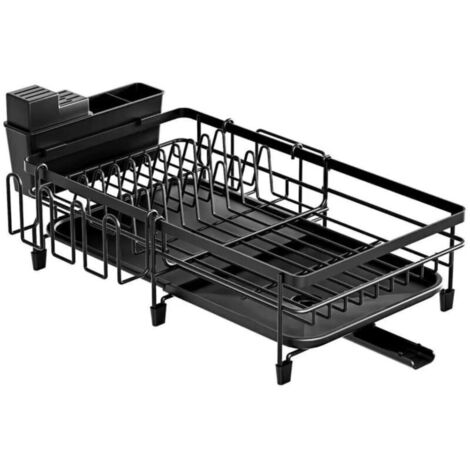 Égouttoir extensible pour plan de travail de cuisine, égouttoir à vaisselle en acier inoxydable, avec bac d'égouttage, égouttoir à vaisselle, porte-tasses et porte-planche à découper, noir.