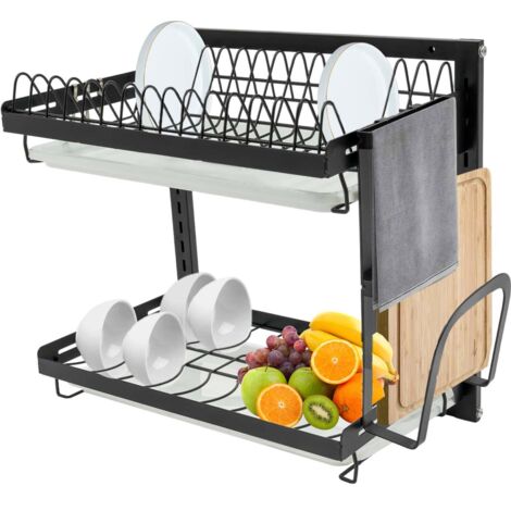 Égouttoir mural en acier inoxydable à deux niveaux avec panier à fruits et légumes, bac d'égouttage, tiges de suspension, cage, porte-couteaux de cuisine et porte-ustensiles