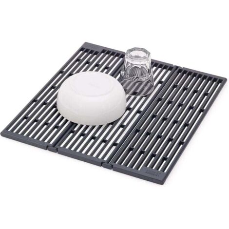 Égouttoir pliable et amovible, adapté à une utilisation au-dessus de l'évier, évacue l'eau rapidement, conception pliable ajustable, fond antidérapant, couleur gris anthracite.