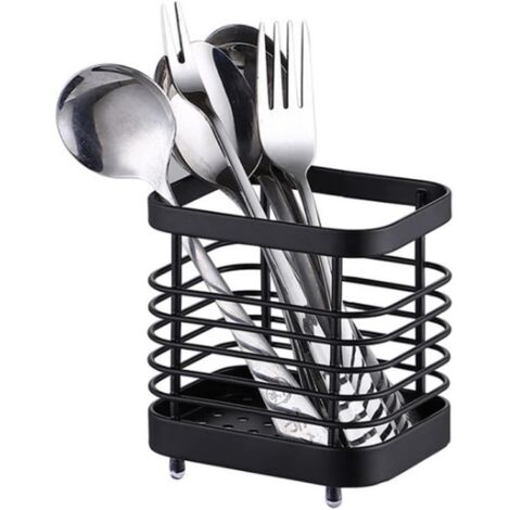 Égouttoir Rangement Couverts, Support Panier Pour Couteaux, Fourchettes, Cuillères, Ustensiles de Cuisine Porte-couverts Acier Inoxydable - Noir
