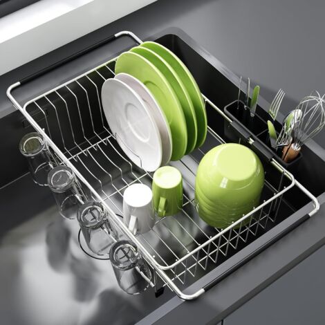 Égouttoir rétractable en acier inoxydable, pour montage sur plan de travail ou à l'intérieur de l'évier, avec porte-couverts, couleur argent.