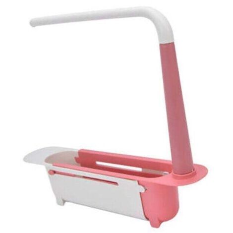 Égouttoir télescopique extensible pour évier, avec panier de rangement et accessoires de cuisine roses.