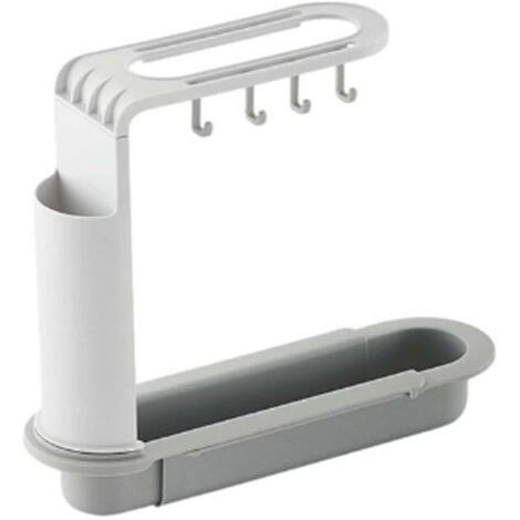 Égouttoir télescopique pour évier, porte-savon et éponge, barre porte-serviettes, panier de rangement sanitaire réglable, articles ménagers (Couleur : Blanc Gris)