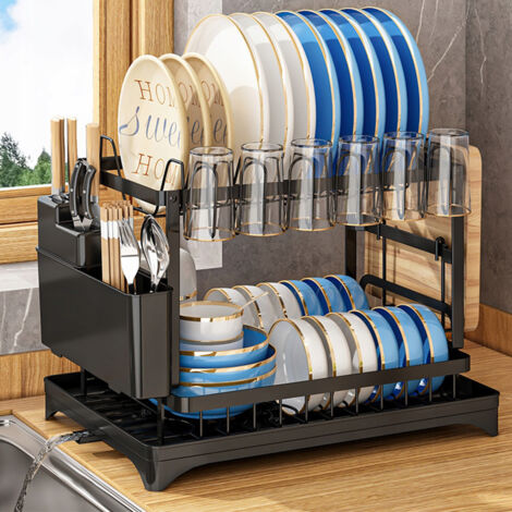 Egouttoir Vaisselle 2 Niveaux en Acier Inoxydable, Rangement Cuisine sur Evier, Organisateur Anti-Rayures pour Vaisselle, Tasses, Couverts et Planches à Découper