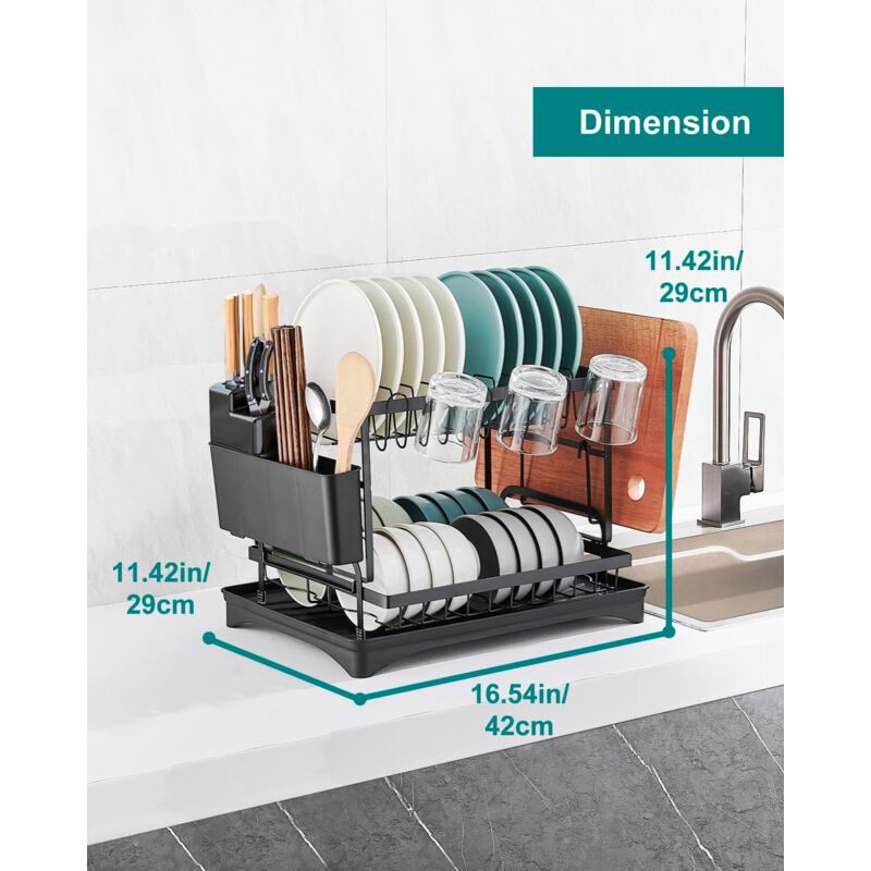 Egouttoir Vaisselle Cuisine à 2 Niveaux, Récupération Amovible Et Porte-Couverts,Egouttoir Vaisselle Sur Evier,Egouttoir Vaisselle Noir - Aiducho