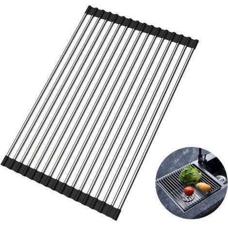 Égouttoir Vaisselle Cuisine Séchoir Retrousser Repliable et Amovible en Acier Inoxydable pour Évier Panier en Filet drainant