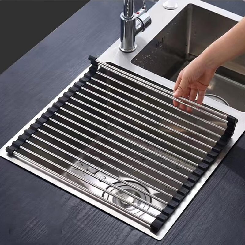 Egouttoir Vaisselle INOX Noir Cuisine Séchoir à Rouleaux Repliable et Amovible en Acier Inoxydable pour Évier 43CM35CM