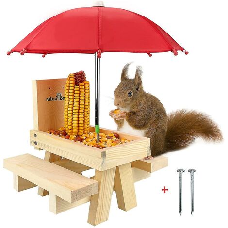 Eichhörnchen -Diättisch mit Regenschirm, hölzerne Eichhörnchen -Picknicktisch Feeder, nachhaltiger Morncity -Unterstützung für Eichhörnchen Supply () () ()