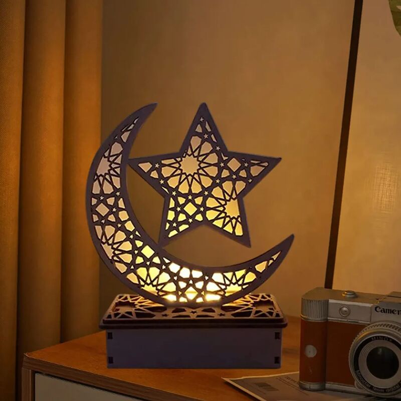 Image of Eid Mubarak Night Light LED Ramadan Lampada decorativa Luci artigianali in legno Islam musulmano Lampada a LED in legno