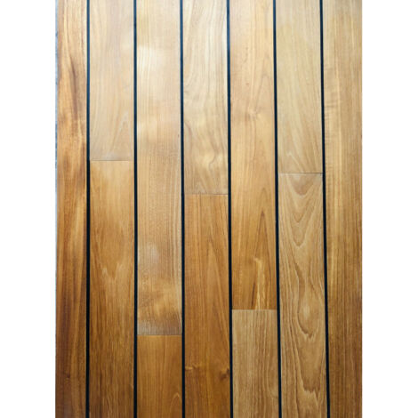 Eiffel Art Construction – Parquet massif en teck indonésien huilé – Joint PU intégré – Compatible sol chauffant – Dimensions 9 x 30-90 cm – Épaisseur 12 mm