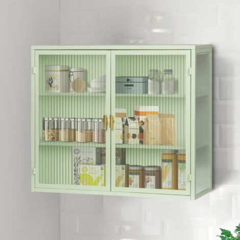 Eifson – Armoire murale de salle de bain 70x23x60 cm – 3 compartiments de rangement – 2 portes vitrées en verre trempé – Poignées en métal – Vert menthe