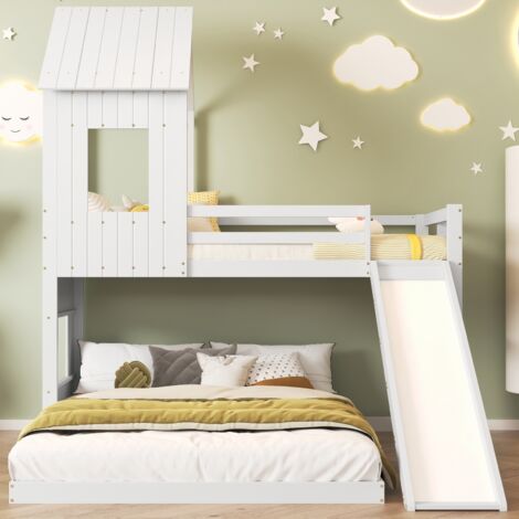 Eifson – Lit superposé 90x200 cm et 140x200 cm avec toboggan et toit – Protection antichute – Pin et MDF – Pour 2 à 3 enfants – Blanc