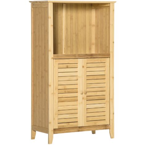 Eifson – Meuble de rangement salle de bain en bambou 50x25,5x92 cm – 1 cloison ouverte – 2 portes – Fixation murale – Design anti-basculement