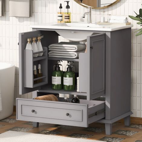 Eifson – Meuble lave-mains 76x46x87cm – Vasque en céramique intégrée – Pieds en bois massif – Résistant à l'humidité – Installation pose libre – Gris