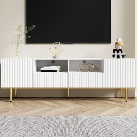 Eifson – Meuble TV blanc 165 cm – 2 tiroirs et 2 compartiments ouverts – Pieds dorés – Dimensions 165x36x55 cm – Pour salon et chambre