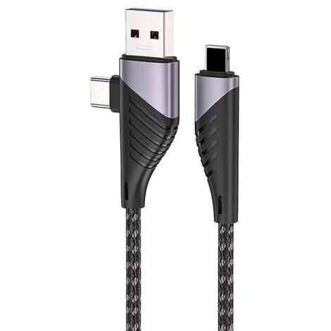 Ein 1,2 m langes, dunkelviolettes 3-in-1-Winkelladekabel mit USB-A- und Typ-C-Anschluss, kompatibel mit Apple PD, 66-W-Schnellladung, geeignet für Huawei- und Apple-Smartphones