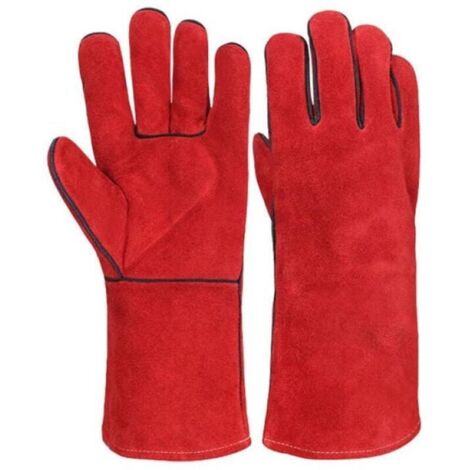 Ein Paar gefütterte Schweißerhandschuhe aus Spaltleder, Größe 34 cm - rot