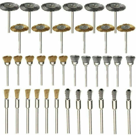 Ein Set aus 36 Edelstahl-Drahtbürsten, geeignet für elektrische Bohrmaschinen und Rotationswerkzeuge.