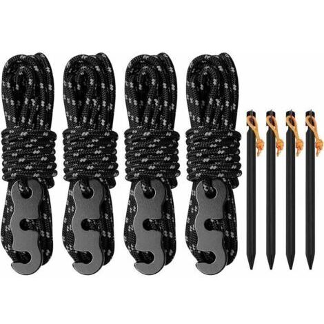 Ein Set aus 4 reflektierenden Kordelzügen, jeweils 4 Meter lang, mit Aluminium-Zeltheringen – ein langlebiger und robuster elastischer Spanner, geeignet für Zelte, Planen und Camping.