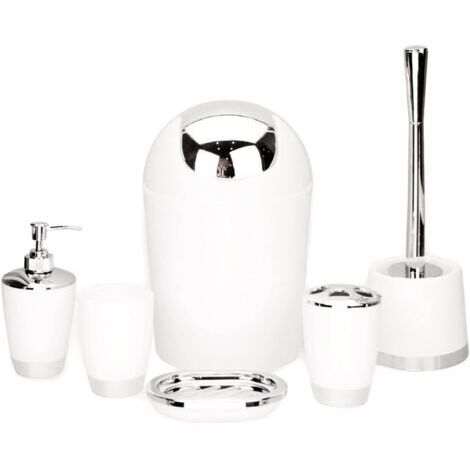 Ein Set aus 6 Badezimmeraccessoires umfasst einen Seifenspender, eine Toilettenbürste und einen weißen Toilettenbürstenhalter.