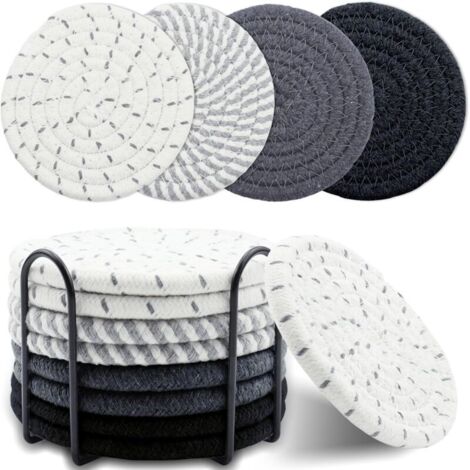Ein Set aus 8 saugfähigen Untersetzern aus Baumwollstrick, perfekt für die Wohnzimmerdekoration, 4,3 Zoll (schwarz und grau).